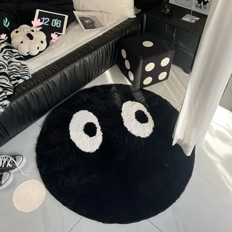 Black round carpet bedroom bedside carpet small black face black briquettes floor mat