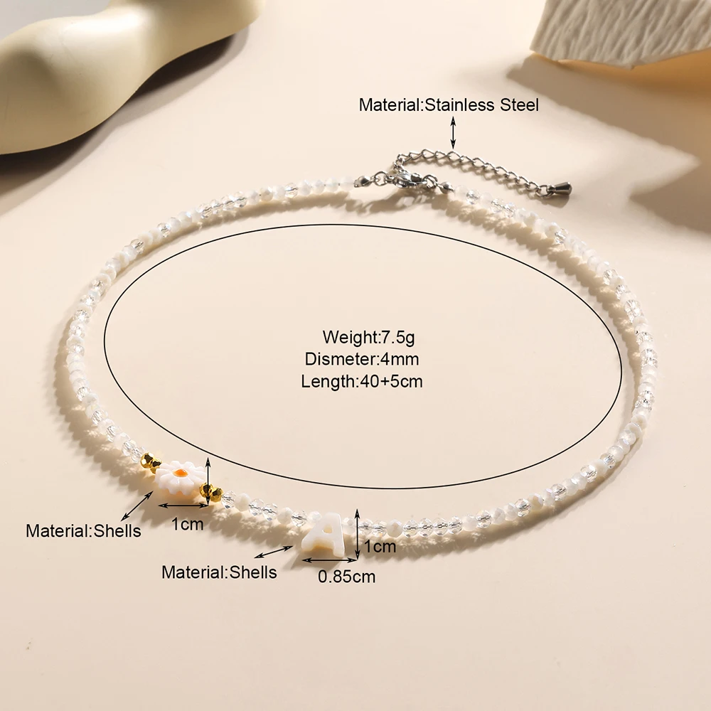 Bohemian style daisy white transparent bead women's necklace with 26 initials pendant fashionable and cute jewelry gift 2024