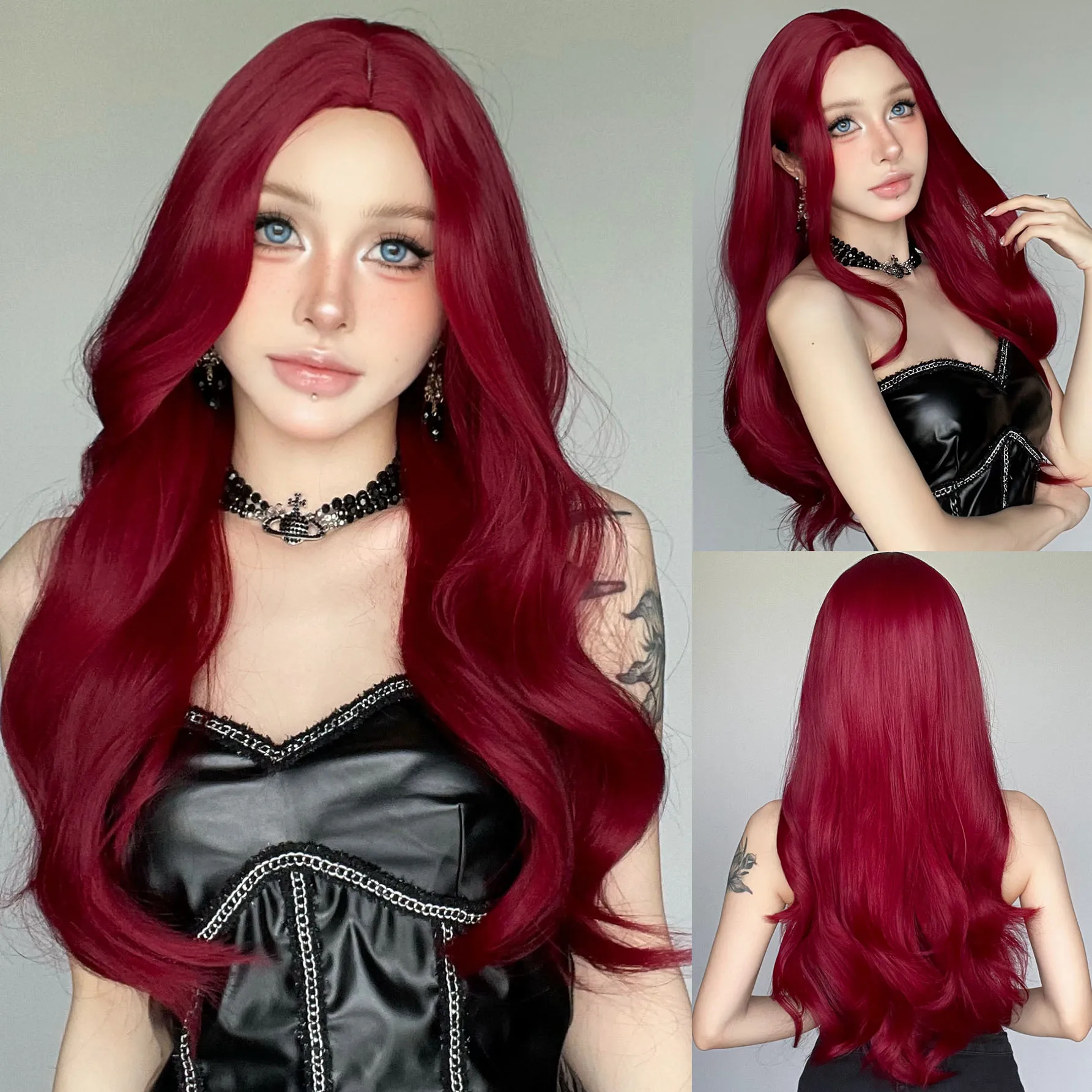 

Red wine color synthetic wig with big waves for Halloween cosplay, daily use, festive hair accessory, high-temperature hair band