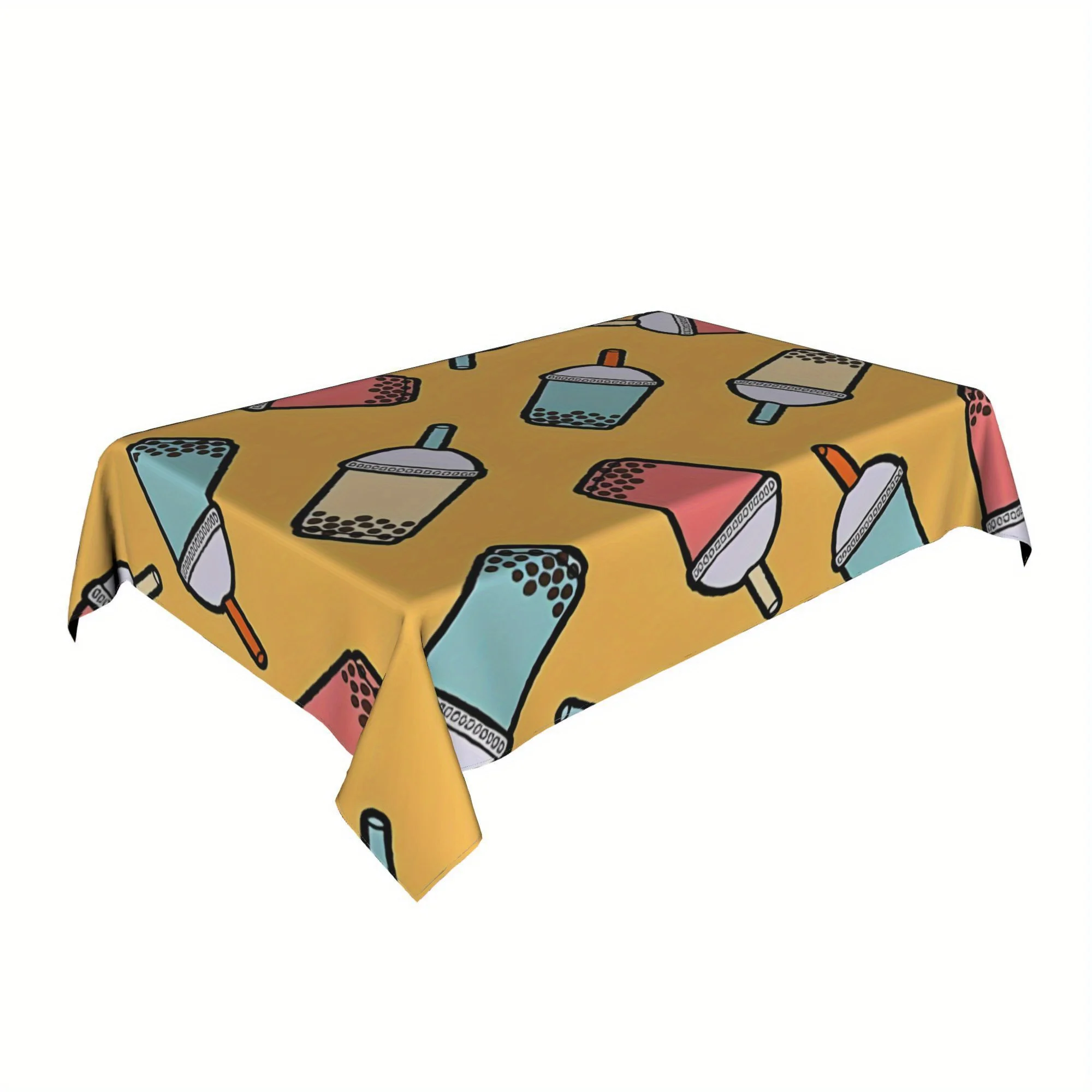 Cartoon Boba Tea Tablecloth, Bright Yellow Base With Cute Bubble Tea Pattern, Waterproof Table Cover for Party & Daily Use