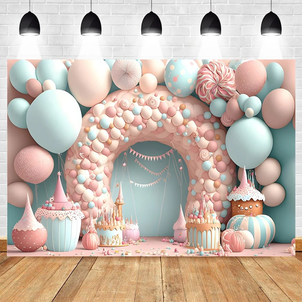 خلفية عيد الميلاد الأول لحديثي الولادة للصور بمشهد AI بالونات ملونة لتزيين حفلات الأولاد والبنات خلفية دعائم استحمام الطفل