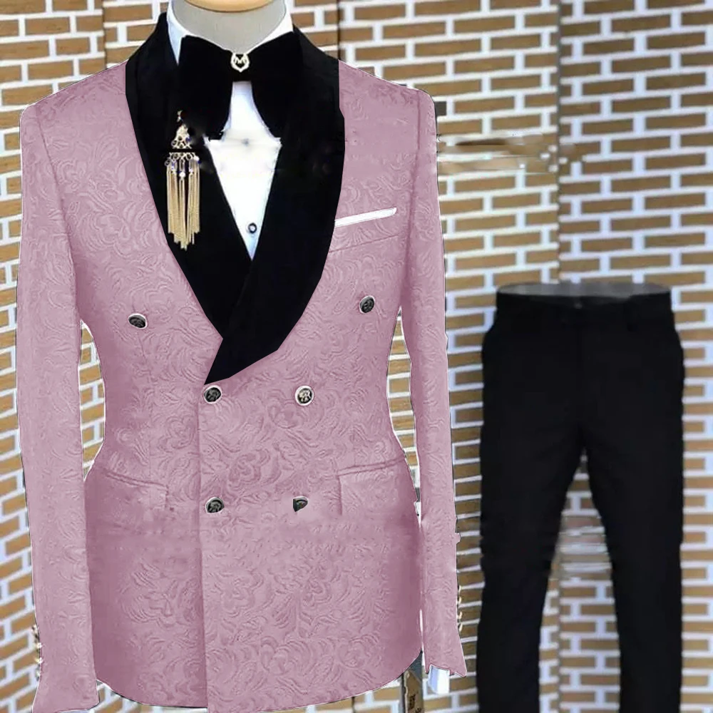 Elegant Men\'s Suit Wedding Tuxedo Double Breasted Jacket Two Pieces Set Jacquard Shawl Lapel Blazer Pants Conjuntos De Chaqueta