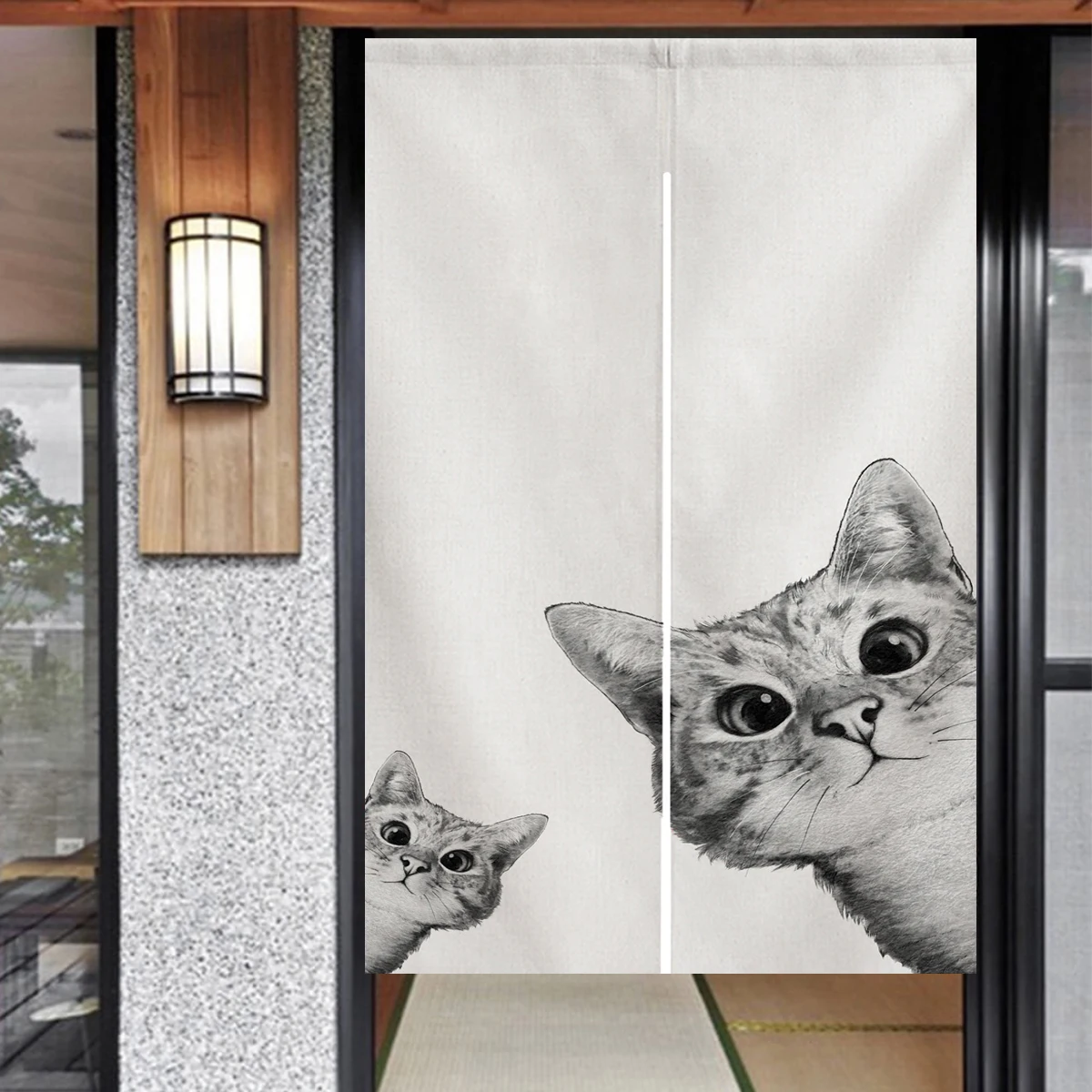 Japanese Noren Two White Cat Doorway Curtain Tapestry Kitchen Bathroom Decor Room Partition Curtain For Bedroom