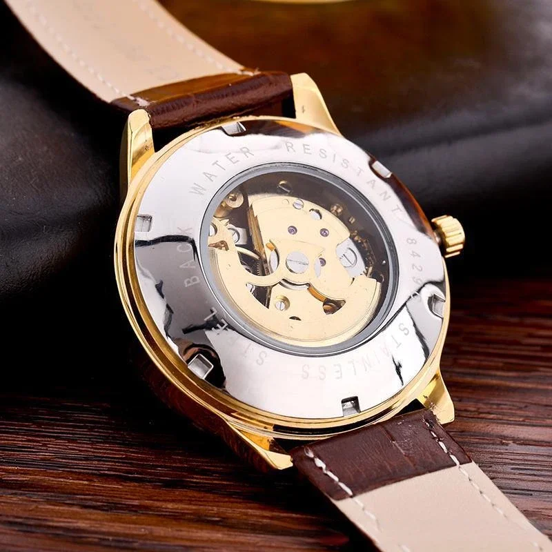 Men\'s Watch Automatic Movement Hollow Out Elegant Business Leather Strap Watchs Luminous Waterproof Mechanical Watch for Mens