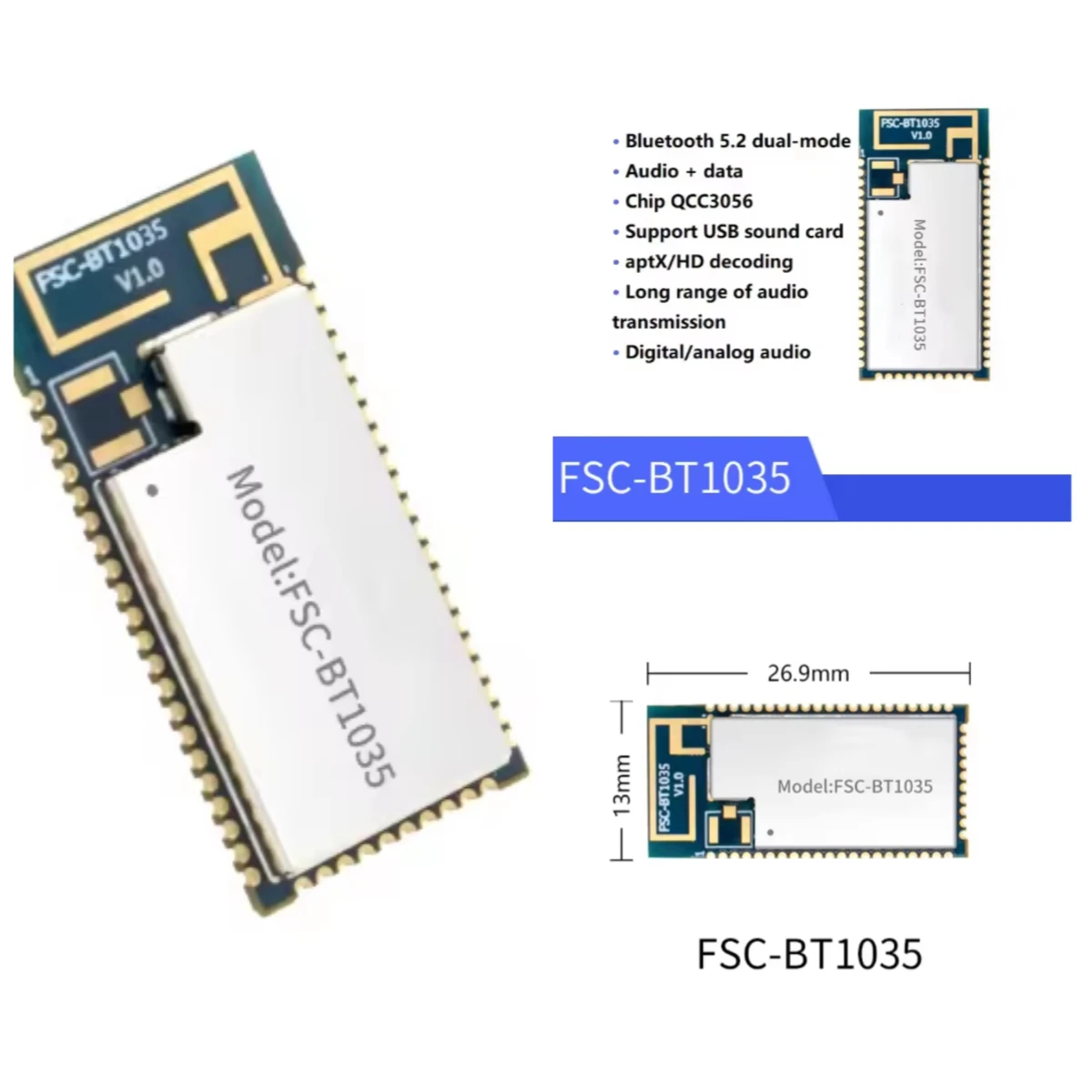 FSC-BT1035 module QCC3056 chip Bluetooth 5.2 audio module support USB sound card stereo analog emission long distance