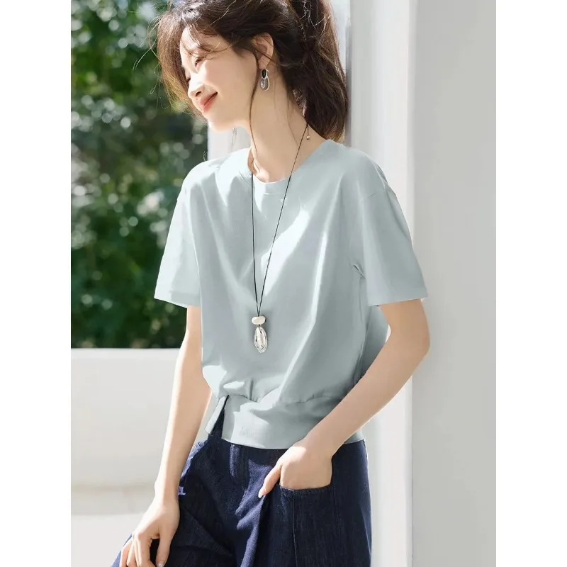 Women's Solid Color T-shirt Casual Loose Short Sleeve Top Split Hem Crew Neck Basic Tee