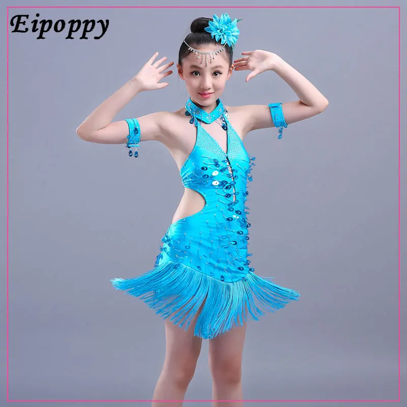 Children's Latin Dance Costumes Girls Latin Dress Latin Tassel Sequins Game Performance Clothing Children Clothing Summer