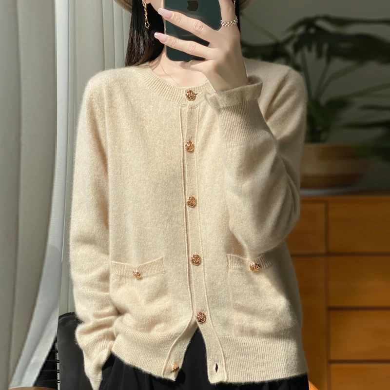 autumn and winter New 100% merino wool cashmere sweater women\'s round neck pocket cardigan solid color knitted coat loose top