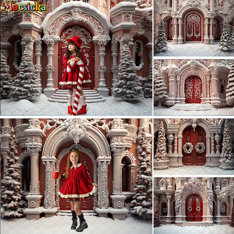 

Mocsicka Photography Background Winter Christmas Red Wood Door Candy Xmas Party Kids Family Portrait Decor Backdrop Photo Studio