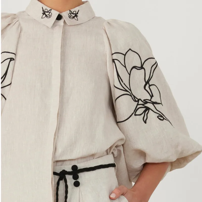 Women Cotton Linen Two Piece Set Elegant Loose Bubble Sleeve Printed Shirt High Waist Wide Leg Pants Suit Casual Female Outfits