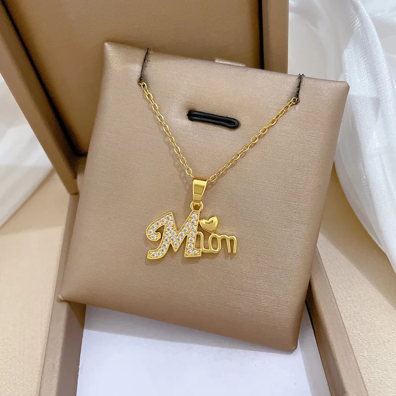 Stainless Steel Chain Necklaces for Women Simple Zircon Mom Letter Pendant Necklace Birthday Christmas Gifts for Mother