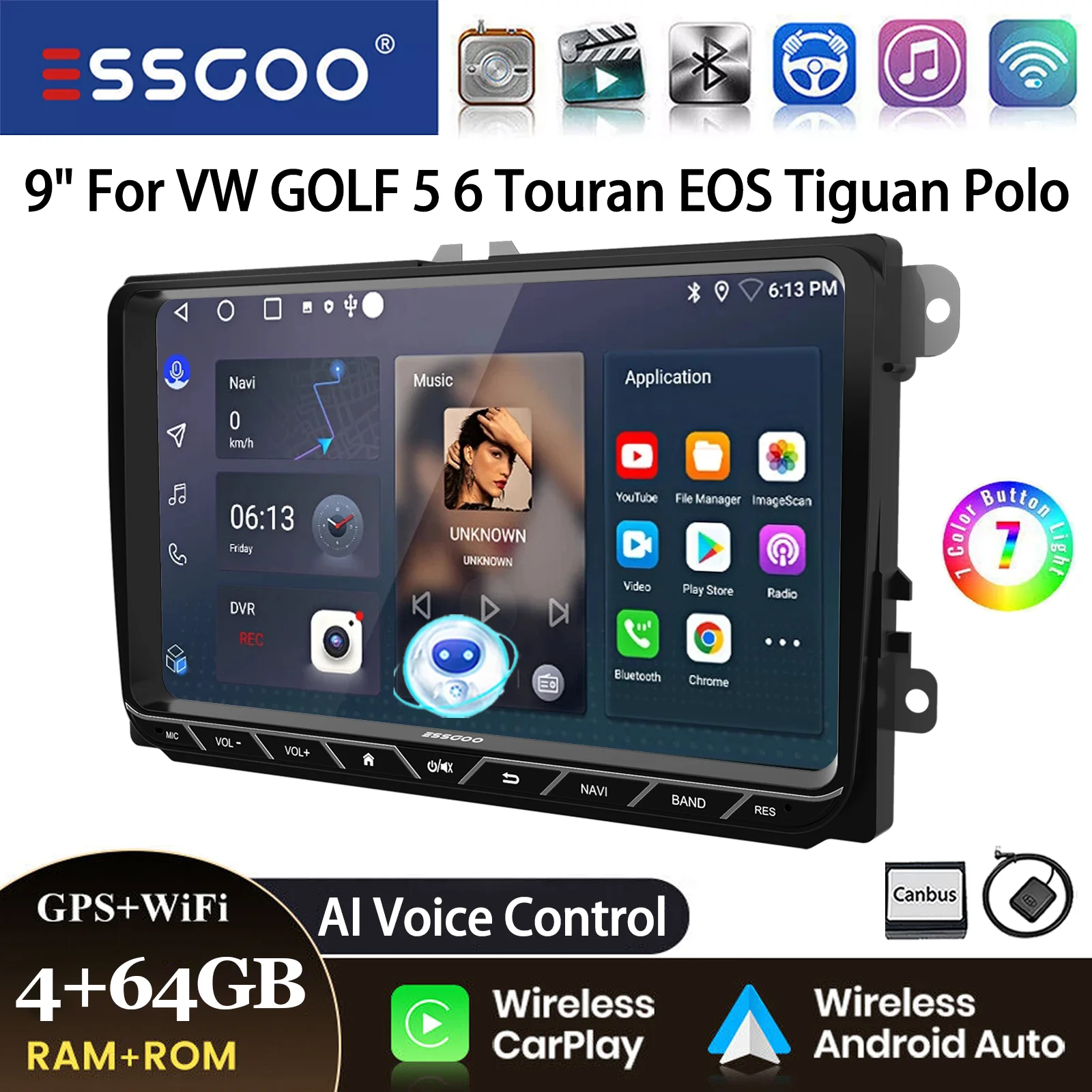 ESSGOO Android 14 Autoradio 9" 4+64GB CarPlay voor VW Golf 5 6 Passat B6 B7 Polo 6R Touran Tiguan Caddy EOS Jetta T5 Seat Skoda GPS Navigatie WIFI FM Bluetooth RDS Touchscreen Mirror Link - afbeelding 1