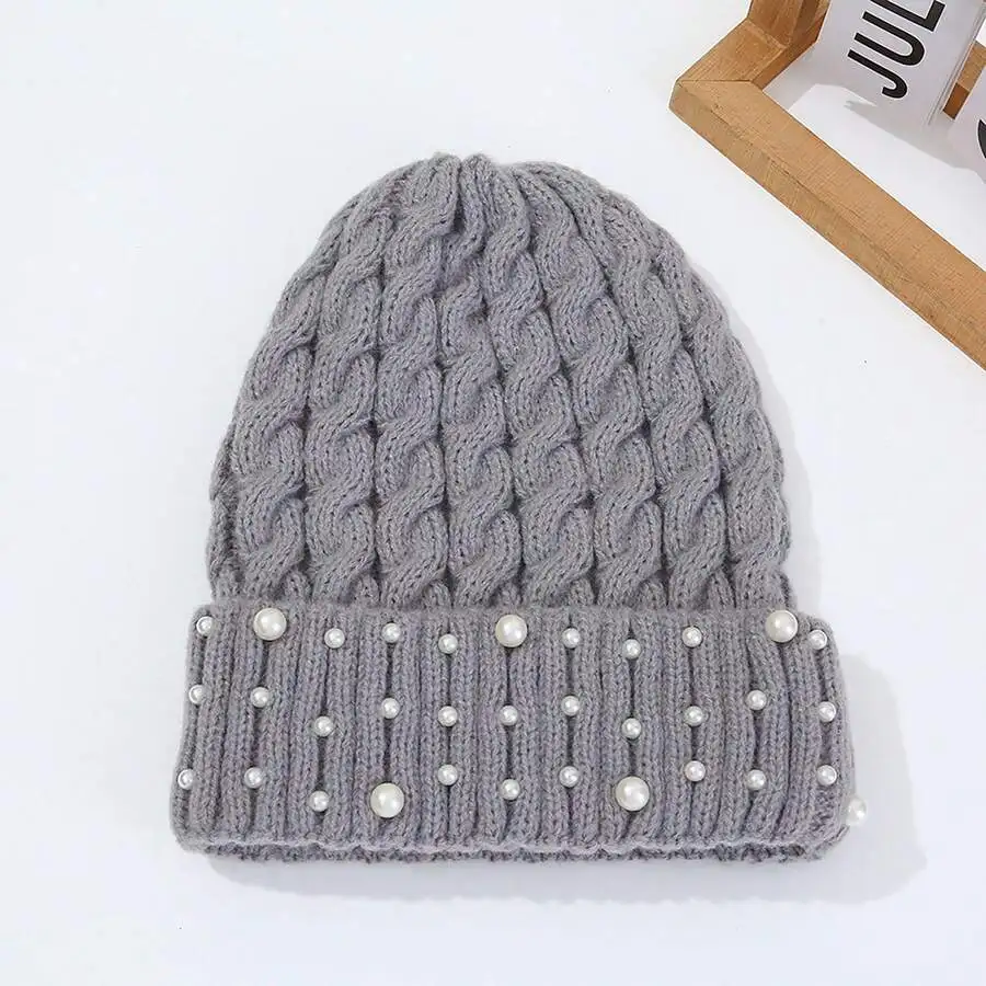 قبعة لؤلؤية للنساء شتوية دافئة متماسكة قبعة جمجمة ناعمة للأنشطة الخارجية #5