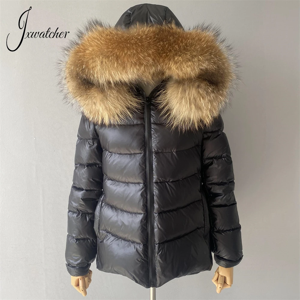 Jxwatcher-Chaqueta de plumón para mujer, abrigo grueso de plumón de pato blanco cálido con cuello de piel de mapache auténtica, chaqueta con capucha a la moda para mujer