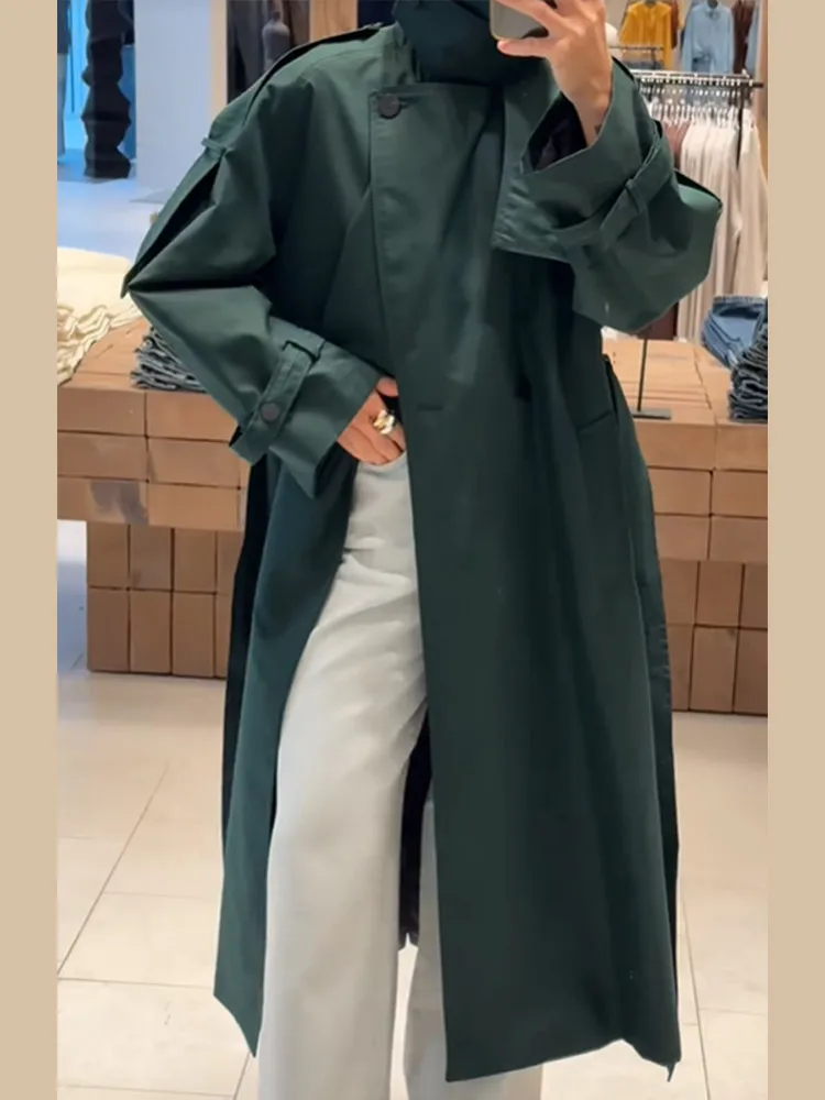 Women Green Long Trench Coat Fashion Full Sleeve Lace Up High Collar Oversized Jacket 2025 Autumn Winter Lady Street Windbreaker