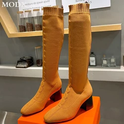 Knitted Square Head Stretch Sock Boots For Women Chunky Heel Slim Fashion All-match Knee-high Boots Luxury Brand Runway Shoes