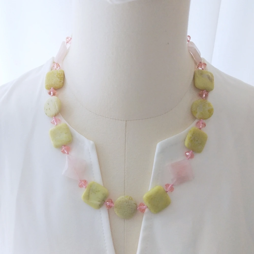 Lii Ji Natural Stone Necklace 52cm Lemon jade Rose Quartz Crystal Necklace Stock Sale Jewelry Gift