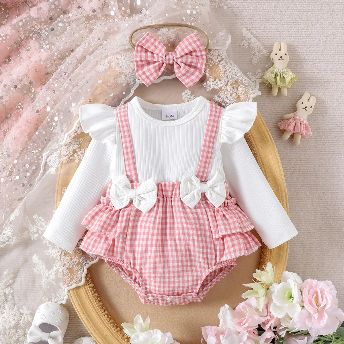 

UNITIM Newborn Girl Rompers Spring Plaid Bow Toddler Girl Bodysuit Kids Baby Girl Jumpsuits Infant Girl Overalls Onesie+Headband