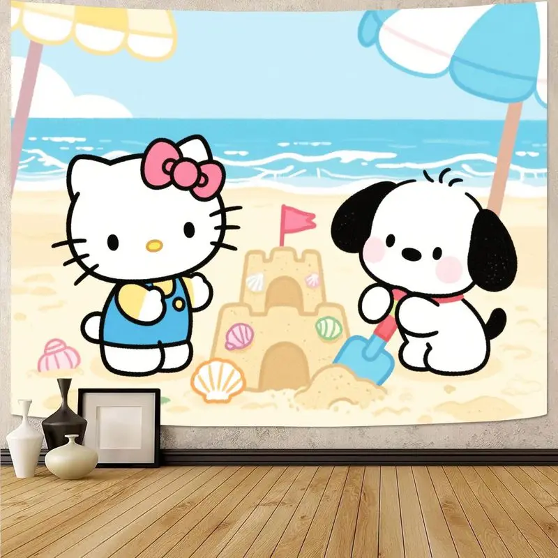 

1 шт. Sanrio Hello Kitty & Pochacco пляжный гобелен с песчаным замком Kawaii настенное искусство гостиная спальня декор в общежитии подарок для фанатов