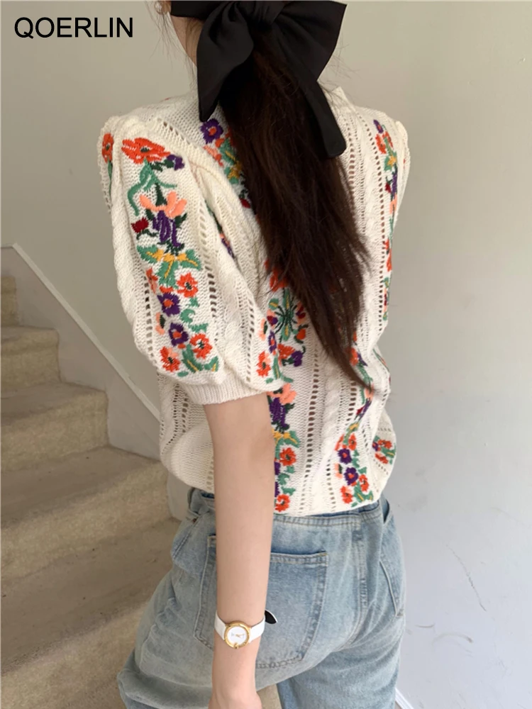 QOERLIN Embroidered Floral Pullovers Women O-Neck Short Sleeve Loose Summer Elegant Knitwear 2023 New Vintage Hollow Out Soft