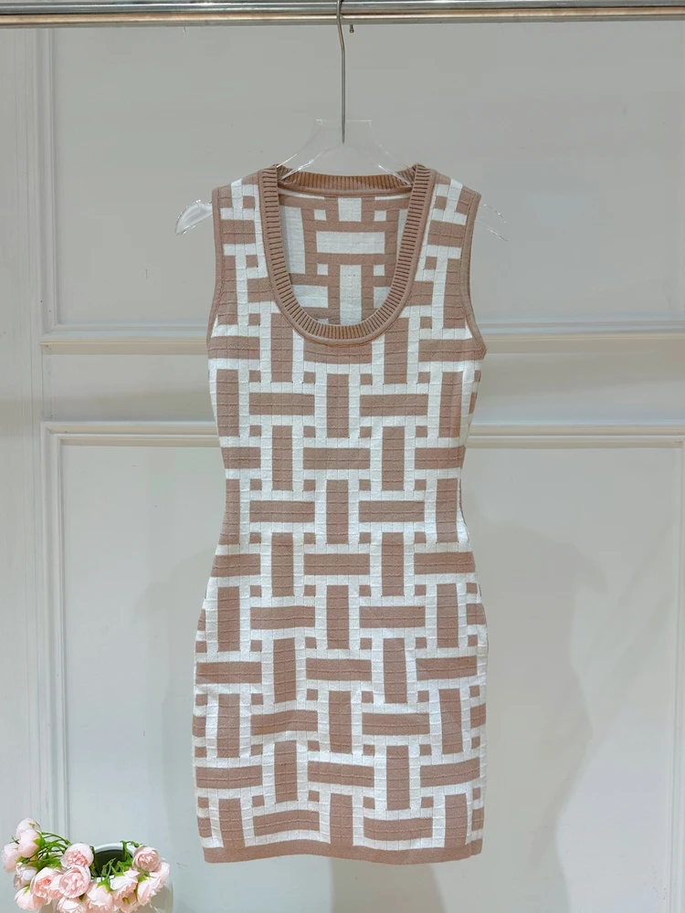 

Вязаное платье без рукавов для ранней весны, облегающее, в стиле Old Money, с мягким цифровым принтом, круглым вырезом, короткое, с геометрическим узором