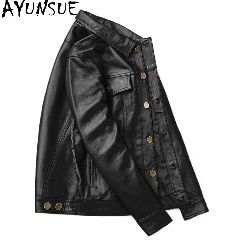 AYUNSUE Autumn Genuine Top Layer Cowhide Leather Jacket Men Trendy Casual Korean Style Turn Real  Leather Coat Turn Down Collar