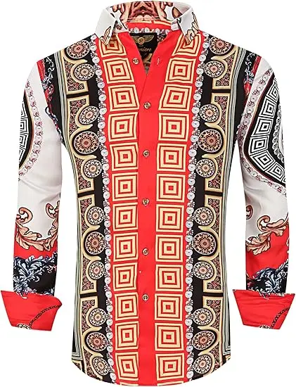 New Men's light luxury retro long-sleeved shirt Baroque classic pattern printed shirt Hawaiian vacation wedding men's clothing