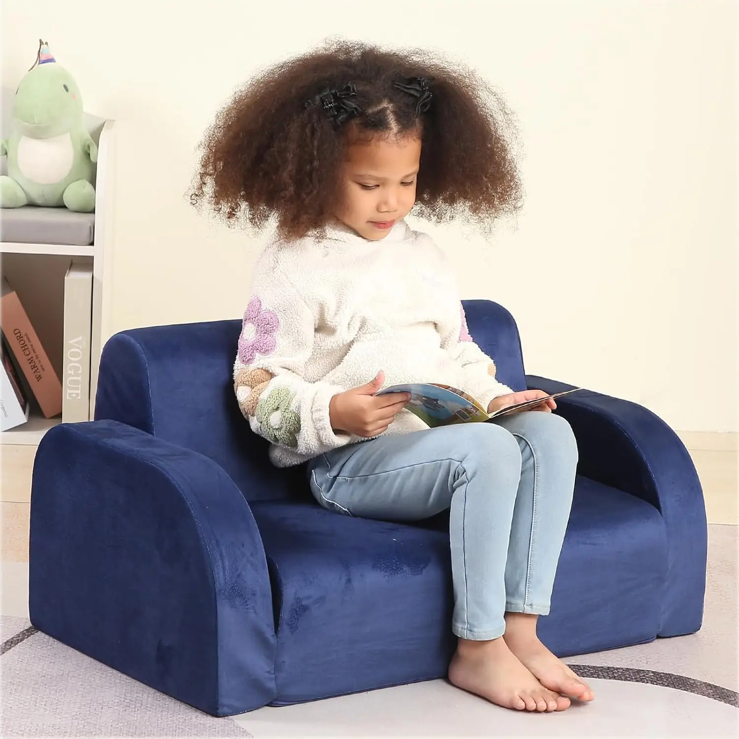 Sofá infantil 3 em 1, sofá infantil de veludo com design flip, espreguiçadeira extra larga azul marinho