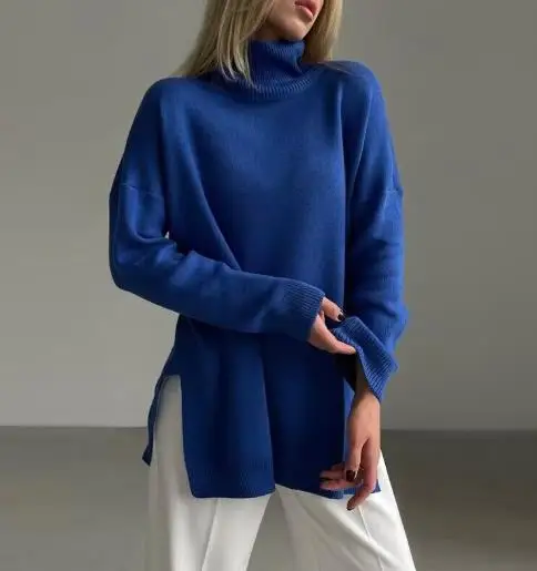 

2025 High Neck Sweater for Women In Autumn and Winter 2025, New Casual Sweater with Loose Slit and Solid Color Knit Sweater