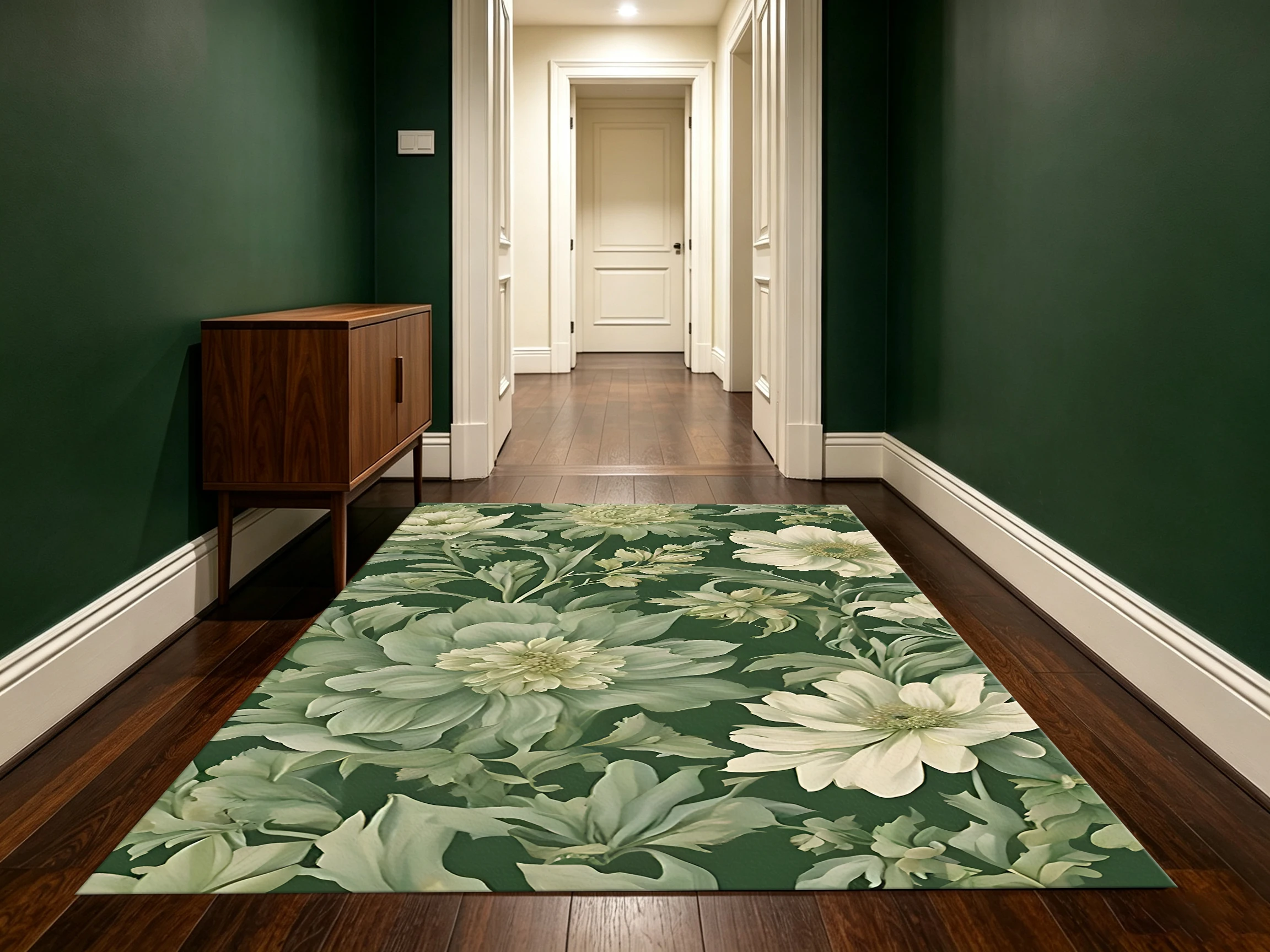 2D Carpet with Dark Green Background and Milk White Flower Clusters in French Retro Style for Living Room, Bedroom, and Bedside