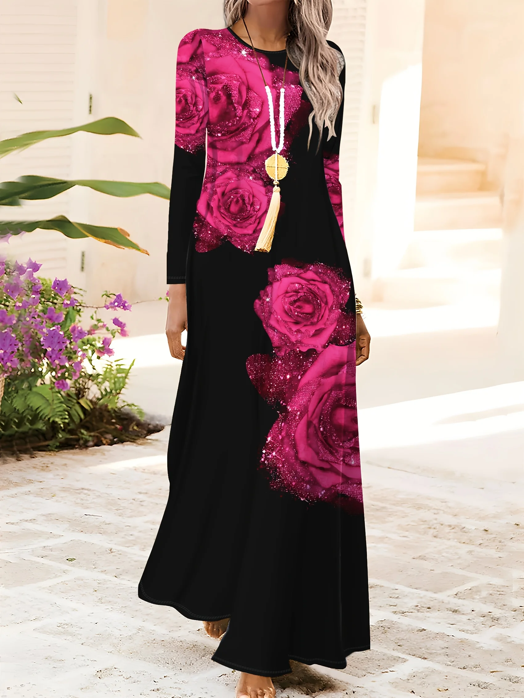 Damenkleid mit langen Ärmeln und Rundhalsausschnitt, Blumenmuster, schwarzer Hintergrund, rosa Rosenmuster, Urlaubsstil, lässiges Sommerkleid, A-Linien-Passform
