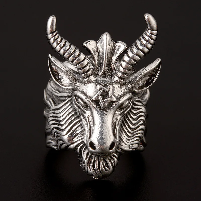 Retro Sigil of Baphomet Large Ring For Men Punk Gothic Rock Hiphop Open Ring Handmade Designer Jewelry Biker Accessories Gift