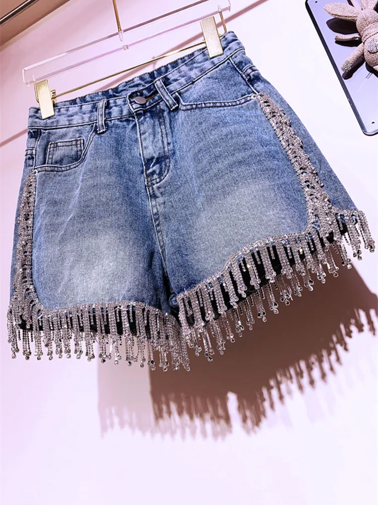 High End Rhinestone Fringed High Waist Denim Shorts Flash Wimen's High-end Diamond Tassel Short Jeans Hot Pants 2025