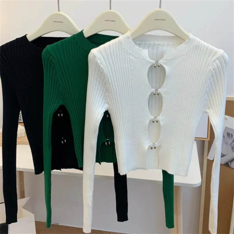 

New Metal Button sexy shirt top Girl Slim Knit Sweater