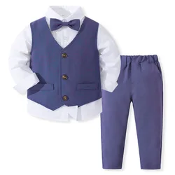 4Piece Sets Spring Autumn Toddler Boy Outfits Korean Fashion Gentleman Vest+White Baby Tops+Pants Kids Boutique Clothes BC1778