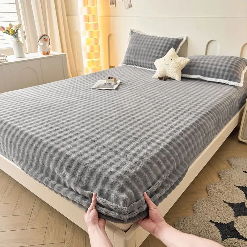 

WOSTAR Winter warm rabbit plush fitted sheet elastic mattress protector cover fluffy coral fleece thermal thick bedsheet 160x200