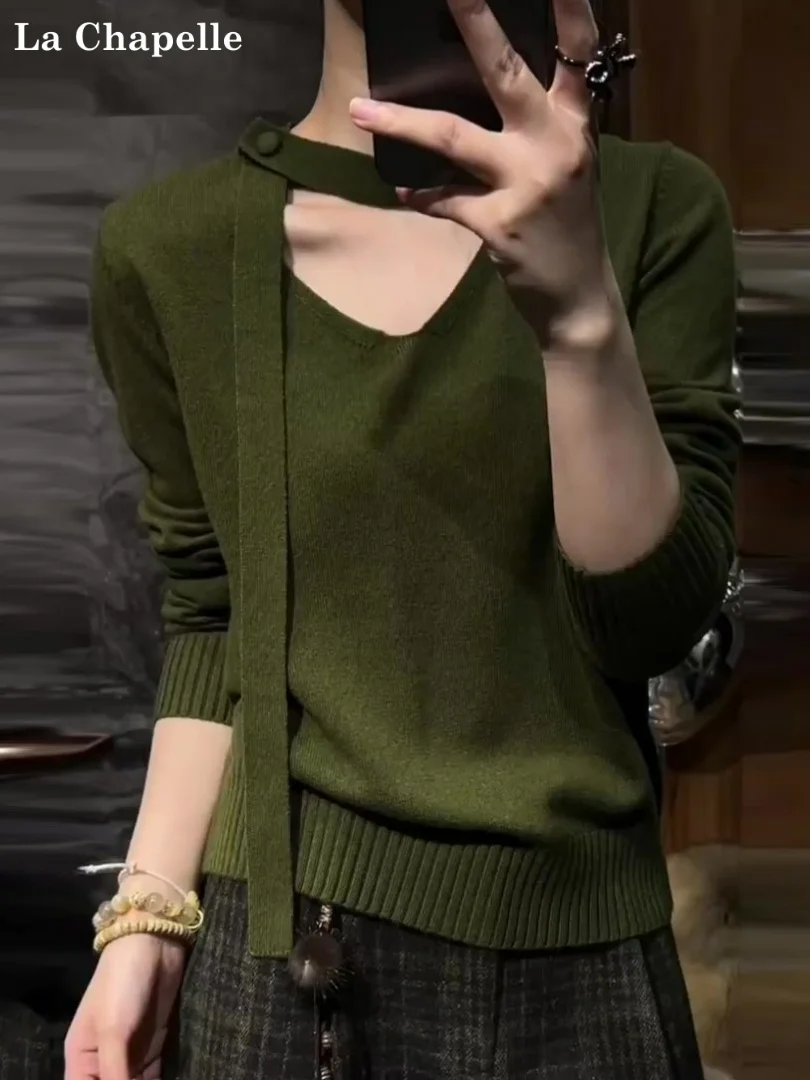 

Женский свитер La Chapelle Premium с V-образным вырезом, зеленый, весна-осень-зима, новый, плотный, с воротником-стойкой, в повседневном стиле