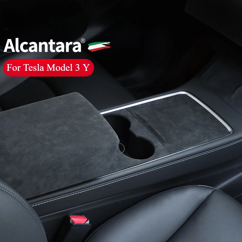 Central Control Panel for Tesla Model 3 Y Alcantara Suede Armrest Box Panel Cover Cup Holder Decorative Stickers Car Accessories