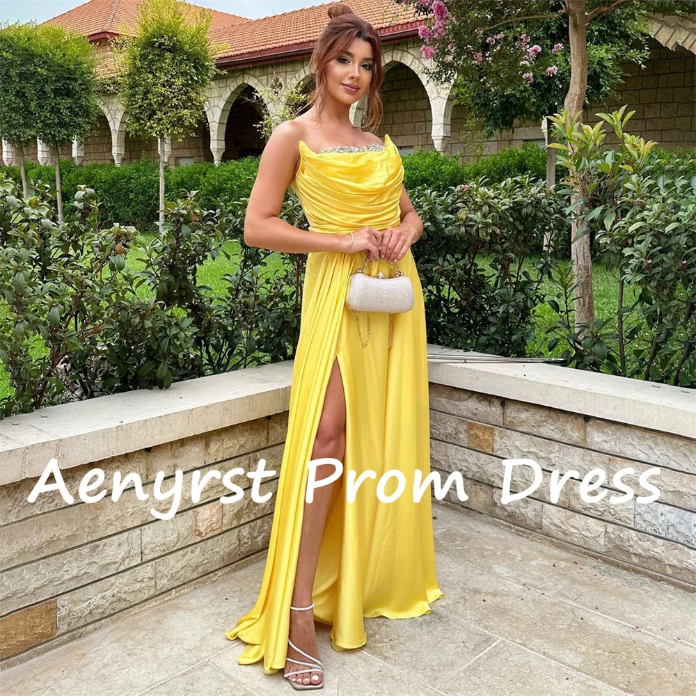 Aenpopst-Robe de Soirée en Satin Jaune Simple Sans Bretelles pour Femme, Tenue de Bal à Fente Haute sur le Côté, Longueur au Sol, Tout ce qui est fait sur Mesure