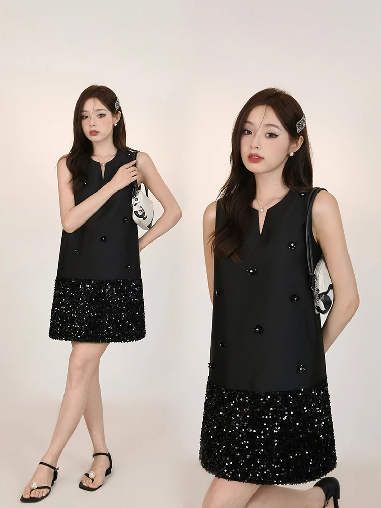 French Elegant Socialite Handmade Sequin Bead V-neck Sleeveless Loose Waist A-line Black Princess Vest Short Dress Women Summer