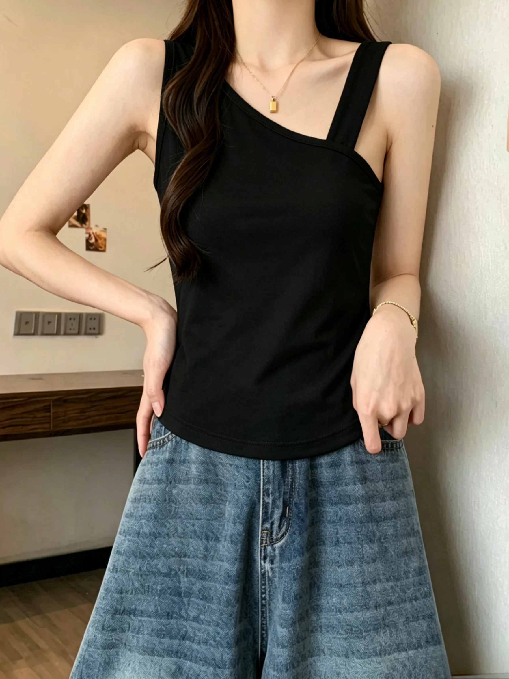 New 95 Cotton Asymmetrical Large Size Strap Vest Women's Spring Summer Versatile Inner Wear Slim Fit Outerwear Base Layer Sle...
