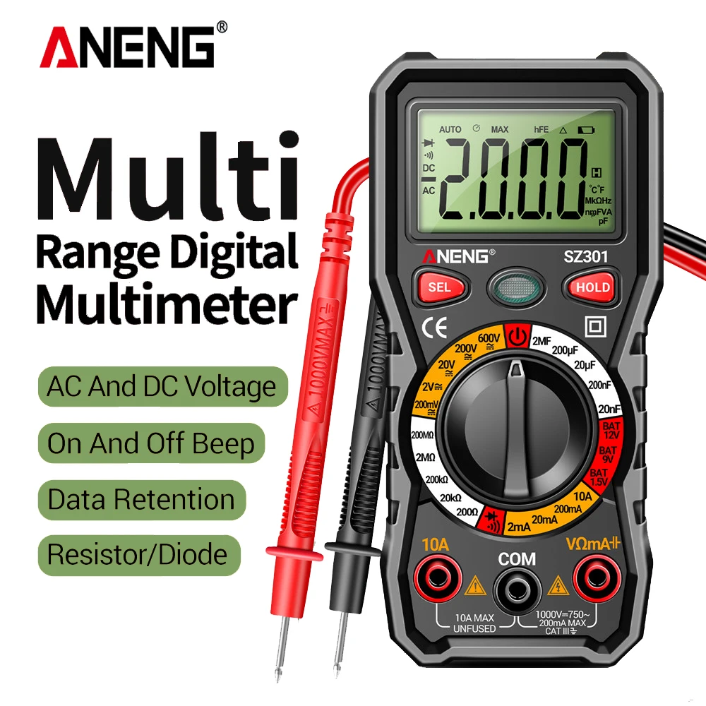 Aneng SZ301 Digitale Professionele Multimeter Votage Weerstand Elektrische Ohm Ammeter Huidige Automatische Tester Capaciteit Meter