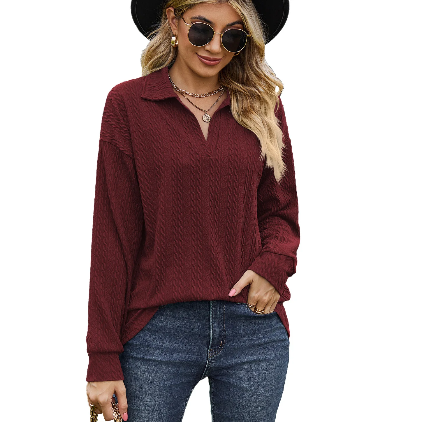 Top suelto de manga larga para mujer con solapas monocromáticas, informal, otoño, invierno