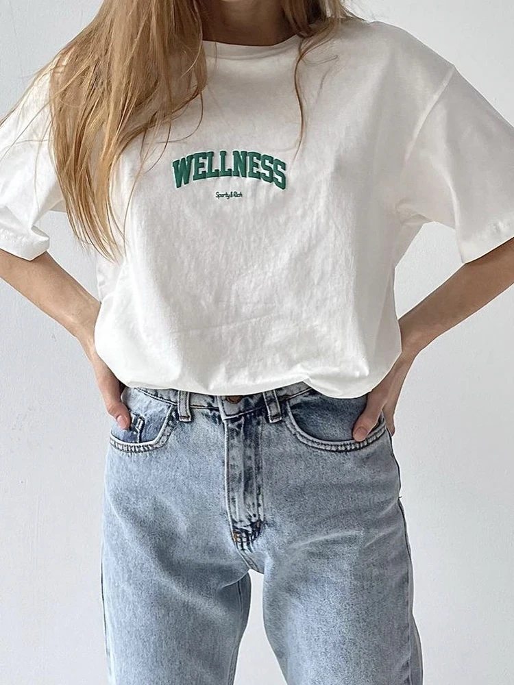 Hirsionsan Small Wellness Letter Print T-Shirt Short Sleeve Crew Neck Vintage Casual Top for Summer Spring Women\'s Y2k Top 2024