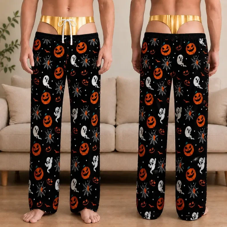Men's Halloween Ghost Pumpkin Spider Web Golden Waist and Hip Flip Elastic Design Fun Party Casual Pants