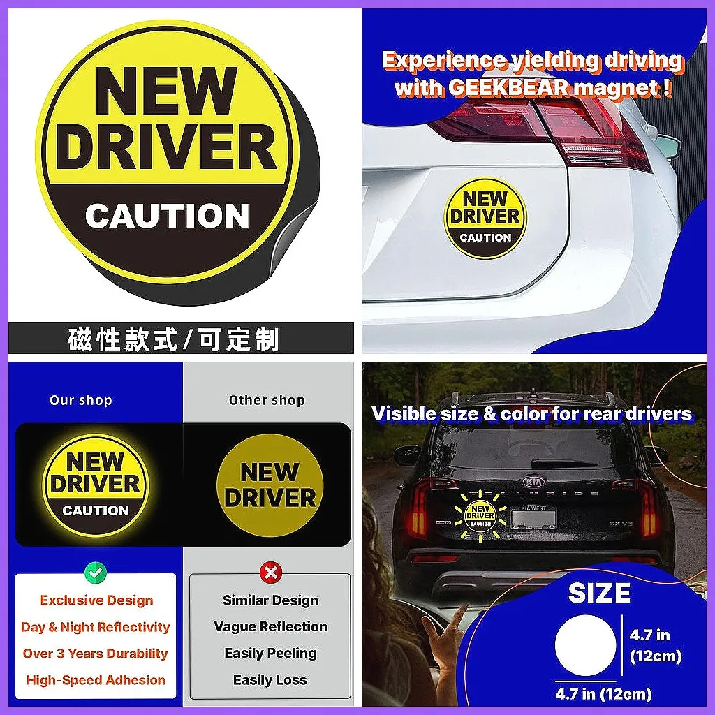 

New Driver Car Magnet Sticker, Round Reflective Decal for Vehicles, Durable Weatherproof Car Sign(72 characters)