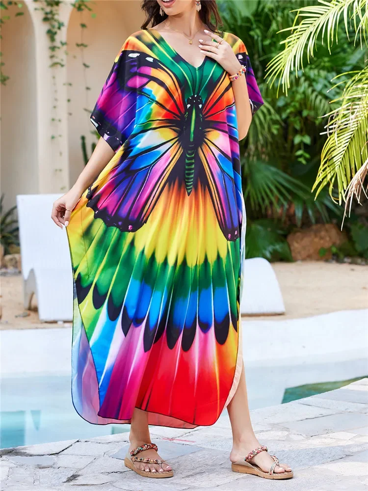 Rainbow Style Beach Dress for Women Boho Long Dresses National Printed Kimono Kaftan Lady Beach Cover-up 2025 Vocation Pareo