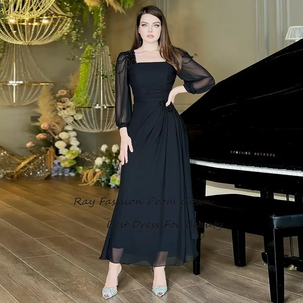

Ray Fashion A line Evening Dress Chiffon Square Neck Long Sleeves With Beading For Women Formal Occasion Party Gown فساتين سهرة