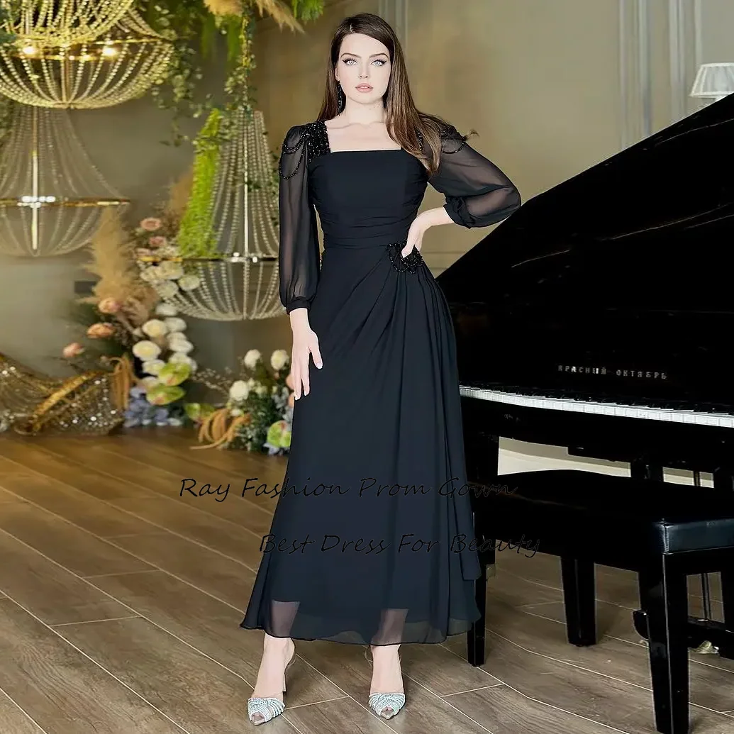 Ray Fashion A line Evening Dress Chiffon Square Neck Long Sleeves With Beading For Women Formal Occasion Party Gown فساتين سهرة