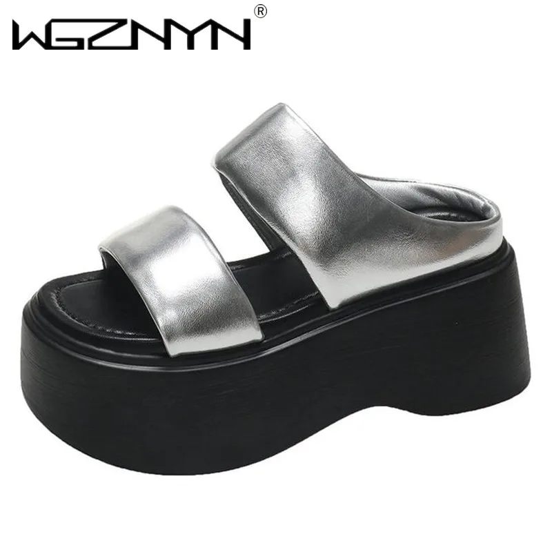 

2024 Summer Women 8CM Chunky Slippers Flip-Flops Ladies Wedge Heels Shoe Woman High Platform Beach Slipper Outside Black Sandals